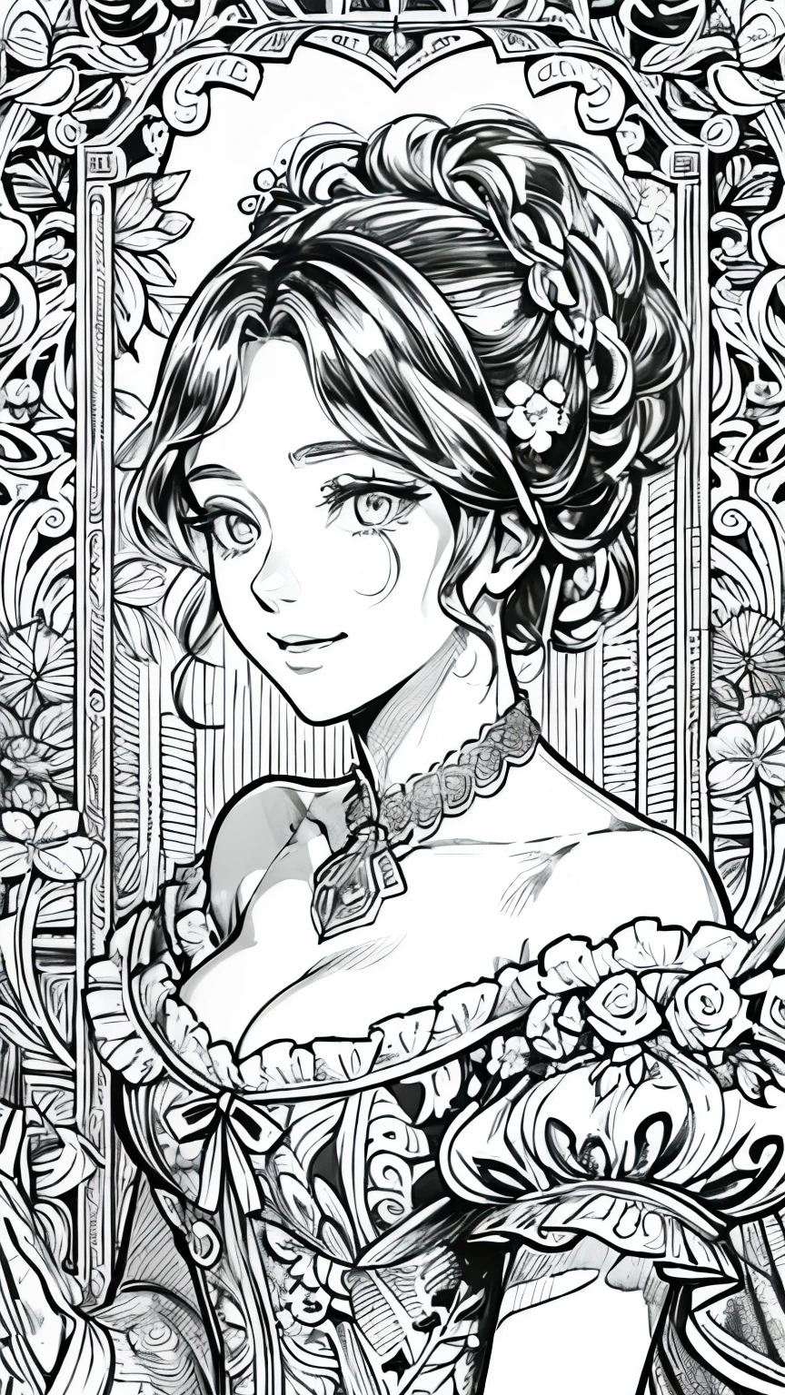 (Black and white coloring book:1.5), Line art, masterpiece, Highest quality, (Detailed Background), High Contrast, Highly detailed face, ((Eyes are clearly defined)), smile, Hair is white, whole body, A gorgeous Victorian-era ball gown decorated with delicate lace and lush frills., In the background is a glamorous ball scene., 色や影のないLine art, きれいなLine art, Fibonacci