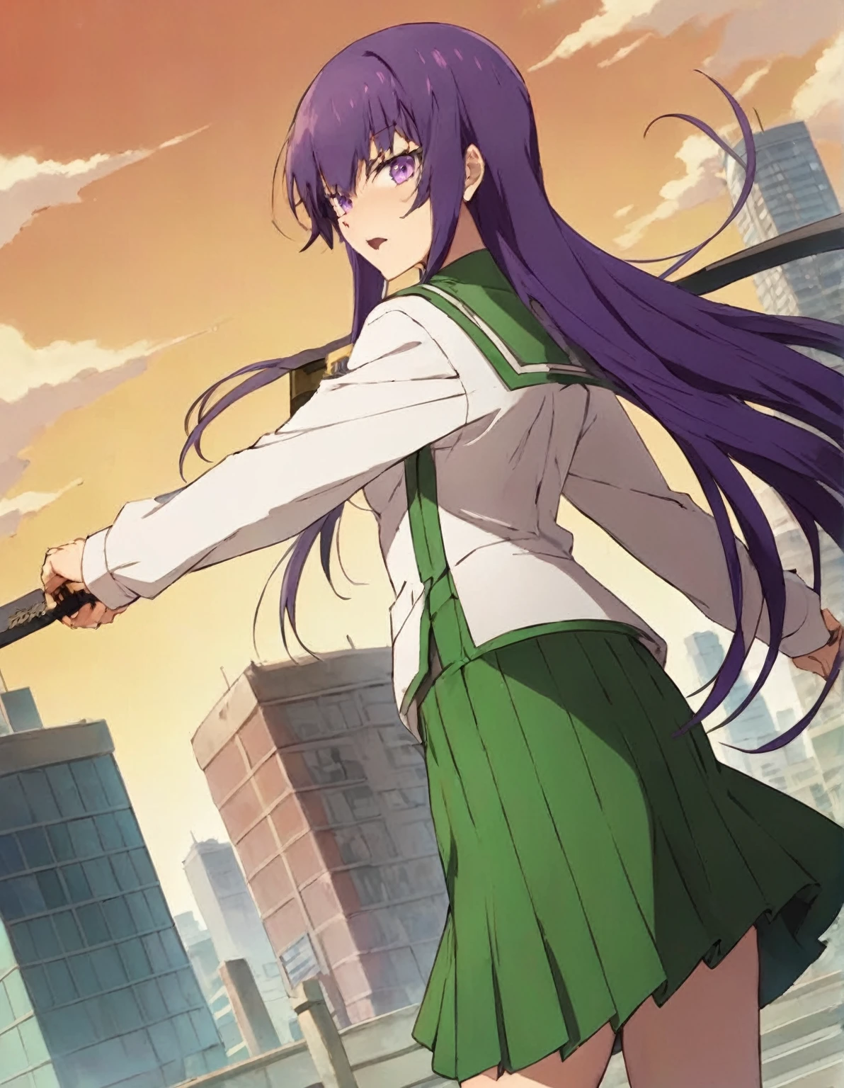 anime girl in a green skirt holding a sword in front of a city, saeko busujima, highschool of the dead, female action anime girl, iwakura lain, ikki tousen, yuyushiki, higurashi, official art, sankakucomplex anime image, bakemonogatari, promo art