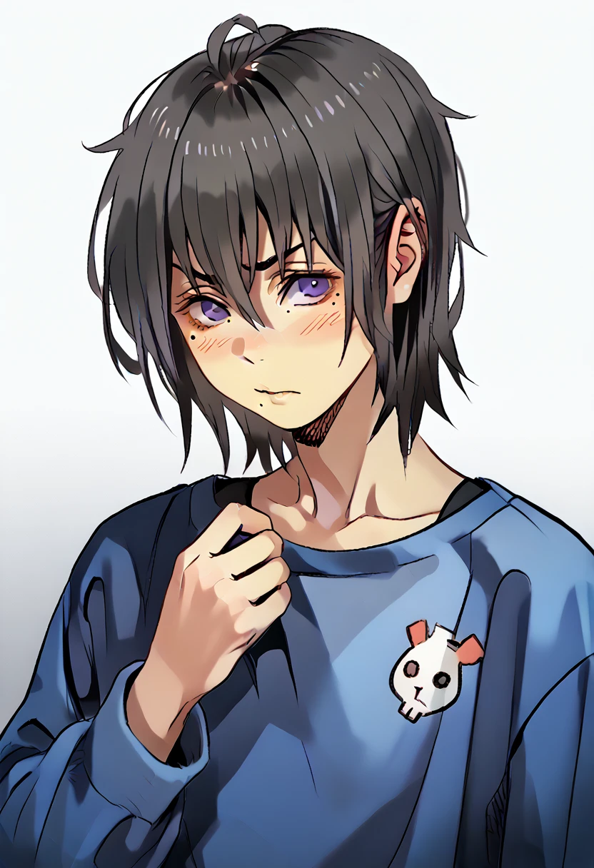 femboy, shy, messy hair, beauty marks, verry tanned, medium length hair, black hair, purple eyes, fantasy clothing, wrenchftmfshn.