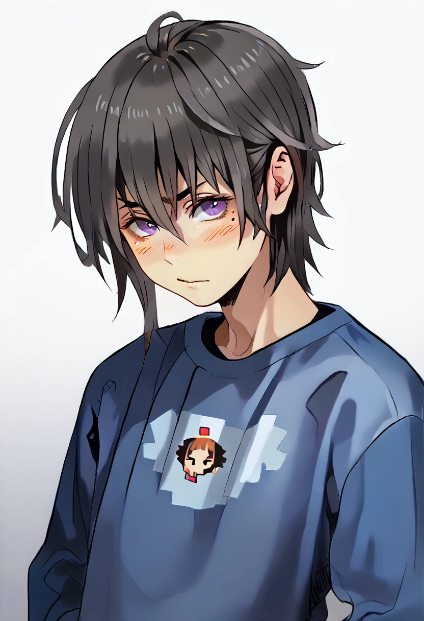 femboy, shy, messy hair, beauty marks, verry tanned, medium length hair, black hair, purple eyes, fantasy clothing, wrenchftmfshn.