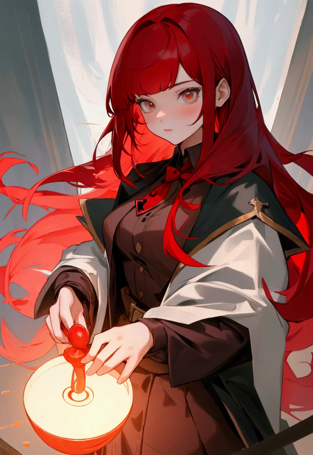 Best quality, masterpiece, teen, girl with red hair, magician, bangs,