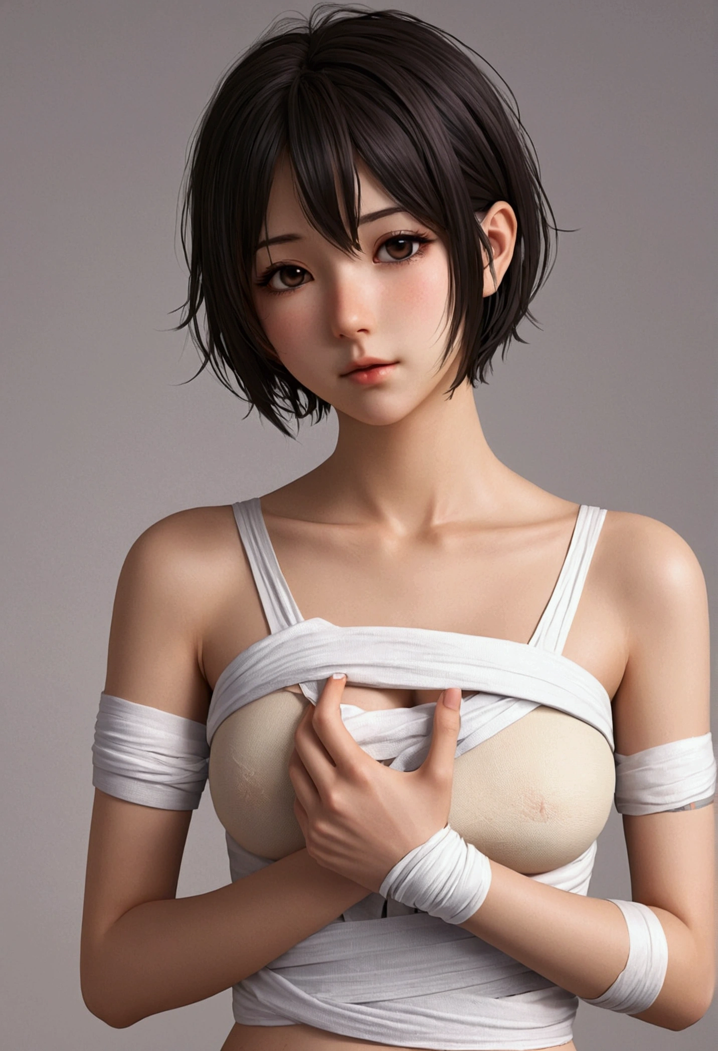 Anime girl with short hair bandaging her chest