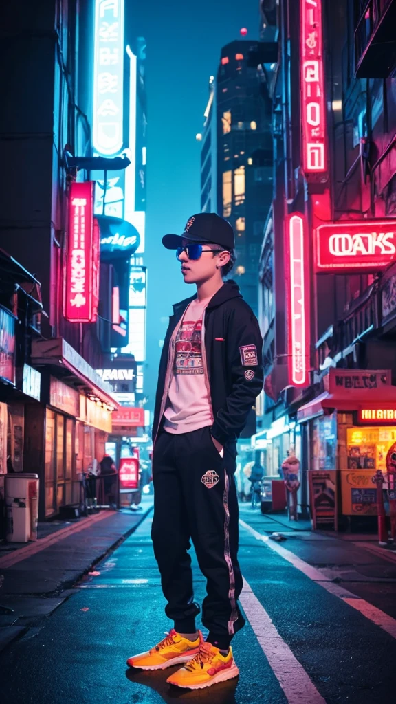 Stunning illustration of the "Attaboy" logo, featuring a boy wearing a stylish ball cap. Stylish gaming headphones with bright blue LED lights, cool shades and reflective lenses. Cityscape lit up with neon lights at dusk With a blurred background of towering skyscrapers and busy roads. Gives a fun and luxurious feeling. With a bold palette of deep blues, bright pinks and warm yellows. and complex textures reminiscent of luxury. and high-level gaming culture
