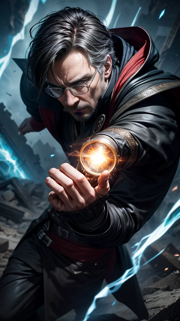 (masterpiece, Best image quality),One Man, A hero wearing a black leather suit, (Dynamic pose | Element Surround:1.2), Low angle view, Very detailed, Ruins of the battle, intense, Outdoor, Doctor Strange, wise, Wizard, Wear glasses, Hands clasped behind back