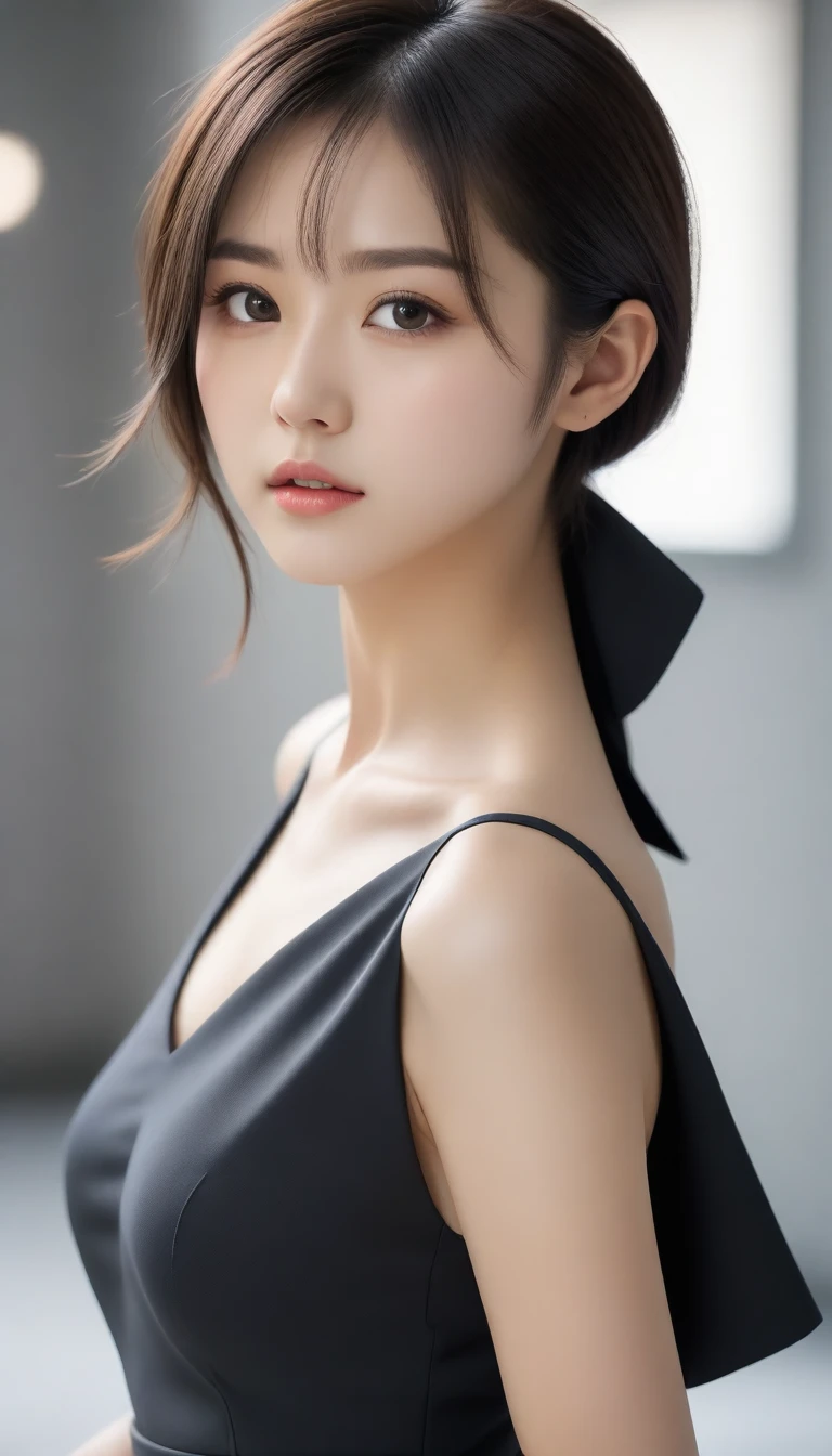 8k, Ultra-high resolution, Highest quality, masterpiece, 三分割法によるphotograph,Surreal, photograph, 1 Girl, (16 years old:1.3), pretty girl, Cute Face, Beautiful eyes in every detail, 細かくdetailedに,masterpiece,One Girl:1.2, Japan Female Announcer,full body,sad,streaming tears,Black short hair,Messy hair,(black suit:1.3),Nun's clothing,Black Pencil Skirt,(印象派の美しい少女のPortraiture), (Gray background:1.3),(Impressionist light and colour),full body,Beautiful leg line beauty,Realistic Skin, Perfect and beautiful face ,完璧でCute Face, Skin with attention to detail, Perfect limbs、Narrow waist,Looking at the audience、beauty,Long neck,clavicle,(((Ideal body type))),A cup small breasts :2,Portraiture:2,Perfect Anatomy,鮮明なdetailed,detailed,Surreal,Light and shadow,spotlight