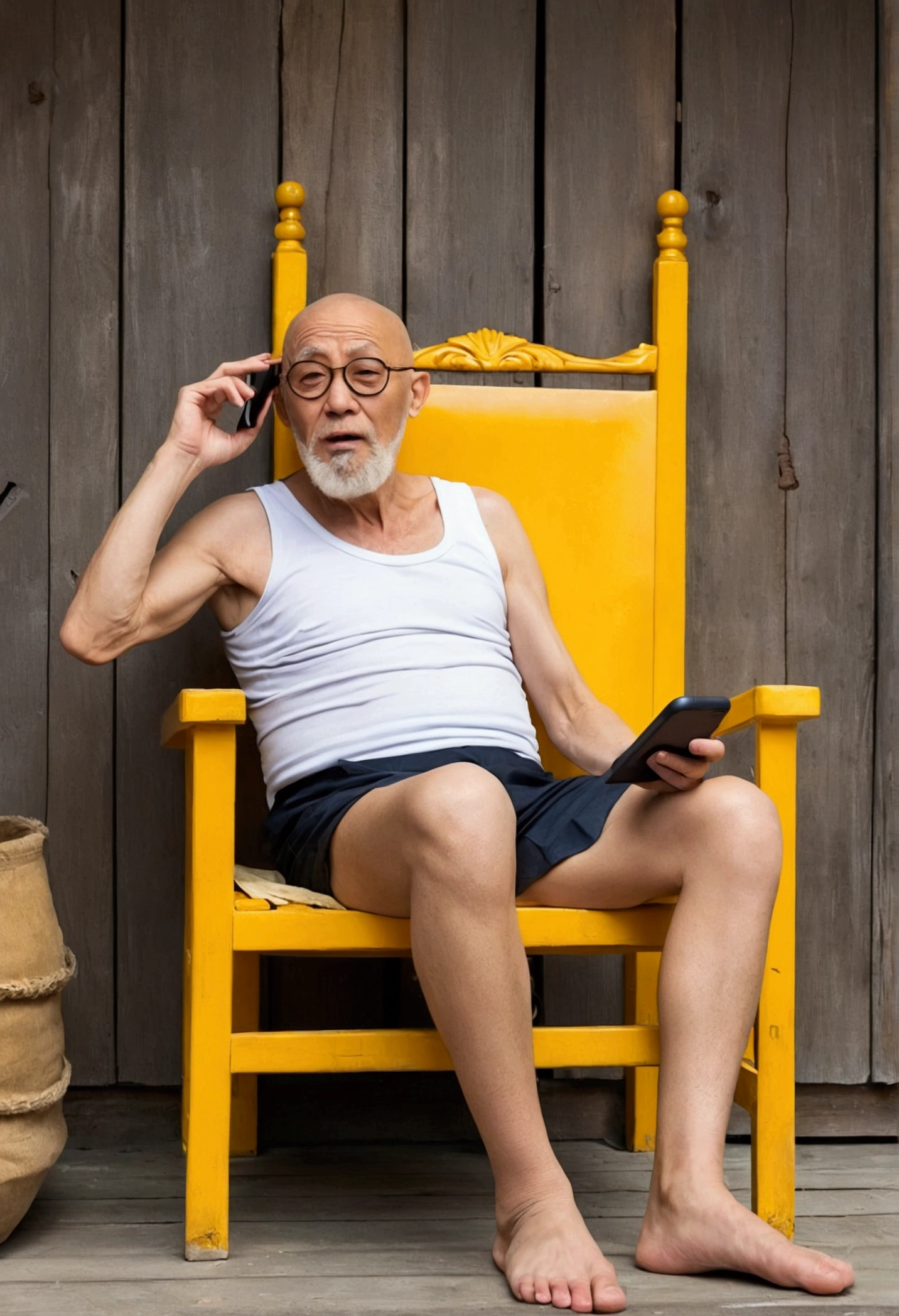 A bald, bearded old man wearing gold-rimmed round glasses, wearing an old white tank top and missing shorts, bare feet, playing with a cell phone on the yellow chair is old and torn. has a beautifulJapanese female orange long hair sunglasses in maid uniform sitting on armrest. The background is a dirty old wooden wall, cobwebs on the window, broken glass, high-definition drama. intricate details.
