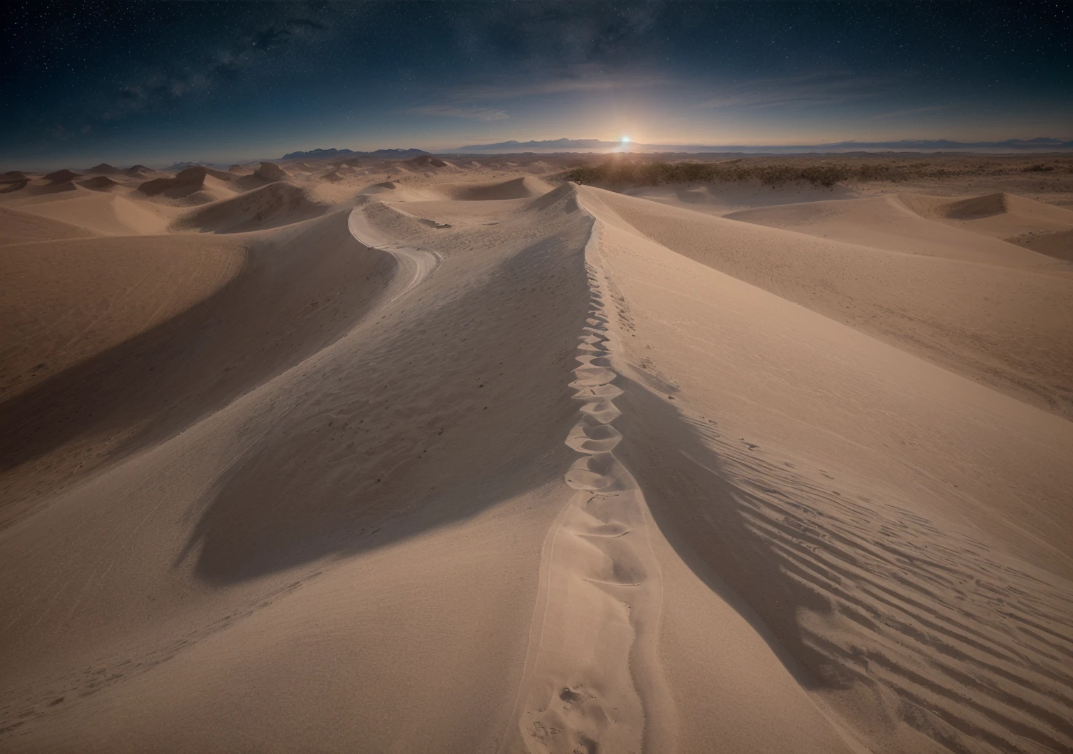 ((masterpiece)) ((ultra definition)) (photography) from 8 reales) Dunes:
The dunes are high and undulating, with sharp ridges and smooth sides. The sand is a warm tone, like gold burned by the sun.
Some dunes are partially covered with resistant vegetation, such as small herbs or thorny bushes.
The Night Sky:
The sky is dotted with bright stars and nebulae. Nebulae form swirls of soft colors, like cosmic brushstrokes.
Distant galaxies spread in the background, creating a feeling of vastness and mystery.
Silhouettes of Camels and Flora:
In the distance, you can see silhouettes of camels moving slowly. Their humps are silhouetted against the starry sky.
Desert flora includes tall, prickly cacti, yuccas and solitary palms. Their shapes add visual interest to the landscape.
The atmosphere:
The air is cool and dry. You can feel the sand under your feet and hear the whisper of the wind.
Moon, in its growing phase, illuminates the dunes and the shadows lengthen on the sand. Highly detailed 4k digital art, by Cyril Rolando, inspired by Mike Winkelmann, floating in the desert night