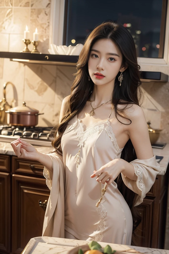 (((best quality))),(((ultra detailed))),(((masterpiece))),illustration,((1 beautiful girl,solo)),(shoulder length straight hair:1.2),((earrings,necklace)),((slim,thin)),((small breasts,flat chest)),(luxurious lace nightgown:1.3),(slender legs:1.2),(standing:1.3),(sumptuous kitchen:1.3),window,bustling,metropolis,striking,delicate emerald eyes,mystery,allure,red lips,fair,complexion,sophistication,attire,exquisite,frame,plunging,intricate pattern,romance,elegance,walls,expensive,tiles,countertops,gleaming,marble,culinary,gadgets,organized,counter,aromatic,steam,simmering,stove,ambiance,(night scene:1.3),skyline,skyscrapers,distance,aglow,vibrant colors,contrast,serene,atmosphere,opulence,sophistication,light,shadow,vivid,interplay,experience,captivating,ambiance,((from front,upper body))