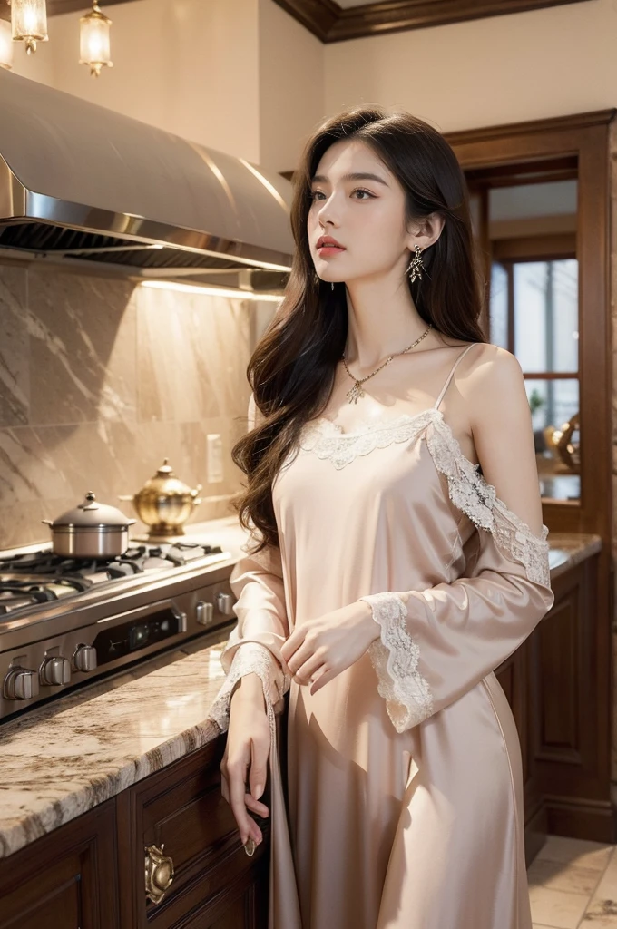 (((best quality))),(((ultra detailed))),(((masterpiece))),illustration,((1 beautiful girl,solo)),(shoulder length straight hair:1.2),((earrings,necklace)),((slim,thin)),((small breasts,flat chest)),(luxurious lace nightgown:1.3),(slender legs:1.2),(standing:1.3),(sumptuous kitchen:1.3),window,bustling,metropolis,striking,delicate emerald eyes,mystery,allure,red lips,fair,complexion,sophistication,attire,exquisite,frame,plunging,intricate pattern,romance,elegance,walls,expensive,tiles,countertops,gleaming,marble,culinary,gadgets,organized,counter,aromatic,steam,simmering,stove,ambiance,(night scene:1.3),skyline,skyscrapers,distance,aglow,vibrant colors,contrast,serene,atmosphere,opulence,sophistication,light,shadow,vivid,interplay,experience,captivating,ambiance,((from front,upper body))