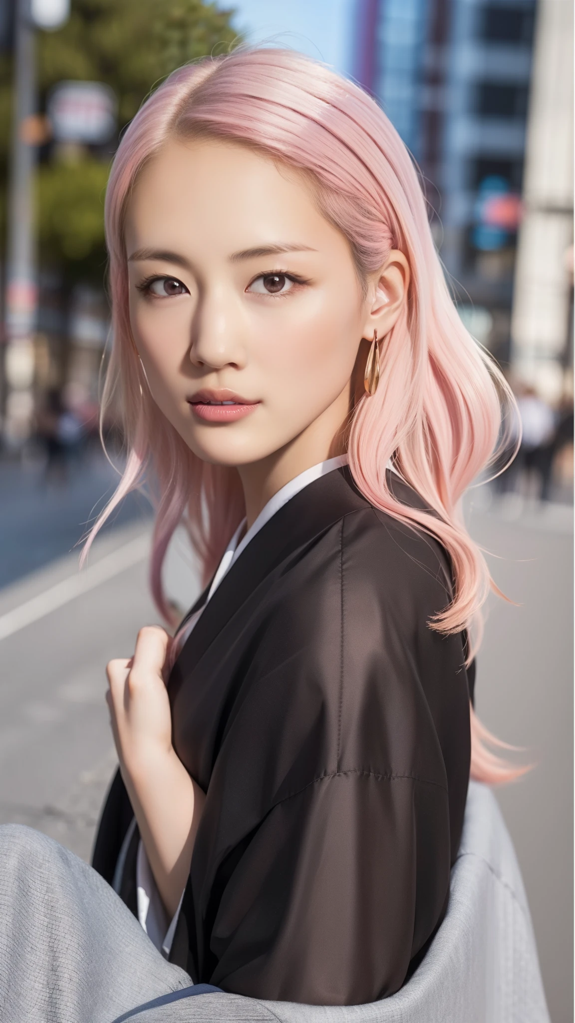 Cute Japanese woman, (16 years old), (very cute face), white moisturized skin, looking at the camera, melancholy expression,
BREAK,
Idol,
BREAK,
(wearing cute kimono: 1.3), (highly revealing kimono), very large earrings, short length,
BREAK,
(long hair), (pink hair: 1.4), (wavy hair), (gradient hair: 1.3), (red hair at the end),
BREAK,
(realistic: 1.3), masterpiece, perfect lighting, (ultra-high resolution), (8K), (highly detailed: 1.4), (from the front), (full body: 1.4), (symmetrical: 1.2), (one shot),
BREAK,
(Shibuya city in Japan: 1.2),
BREAK,
(Demon Slayer: 1.4),
BREAK,