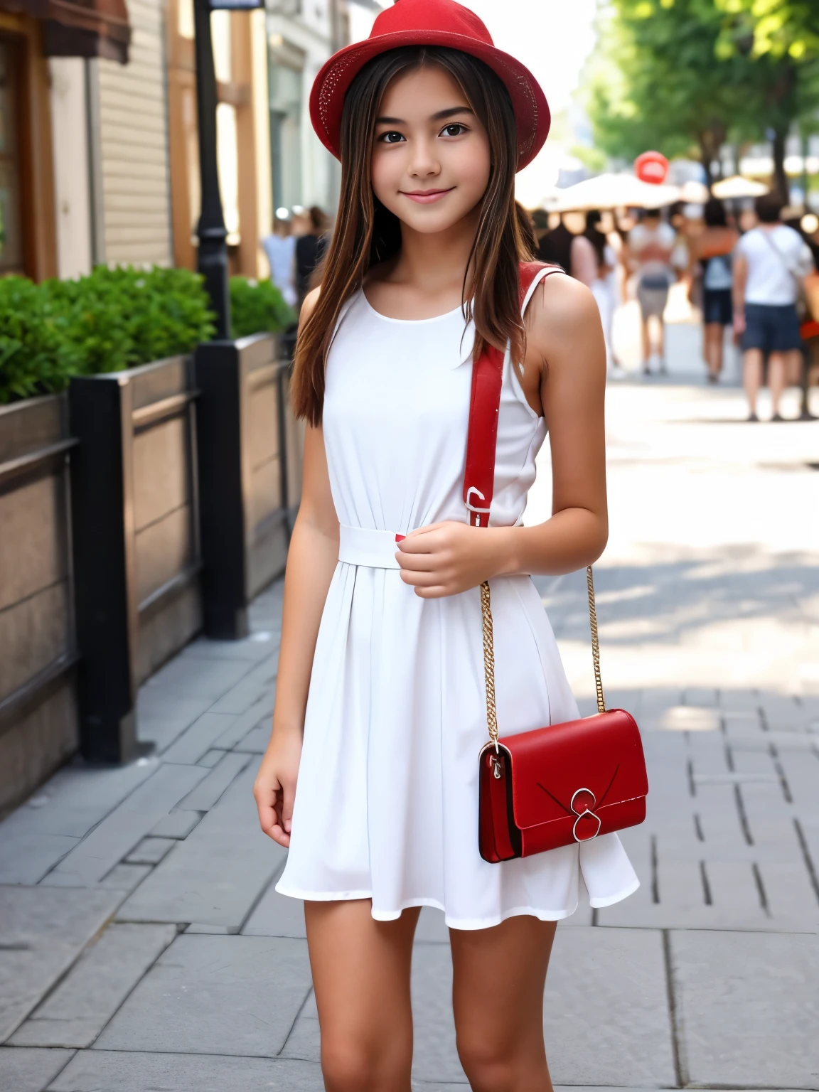 Masterpiece, hd, best quality, 18 y.o, teenager girl, 1girl, European girl, brown hair, medium hair, wear white dress, wearing summer hat, standing, outdoor, streets, wearing red purses, (purse:1.2)