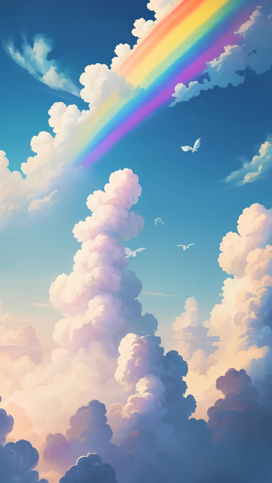 ((best quality)), ((masterpiece)), (detailed), A digital illustration of a blue sky with fluffy white clouds, birds, and a rainbow