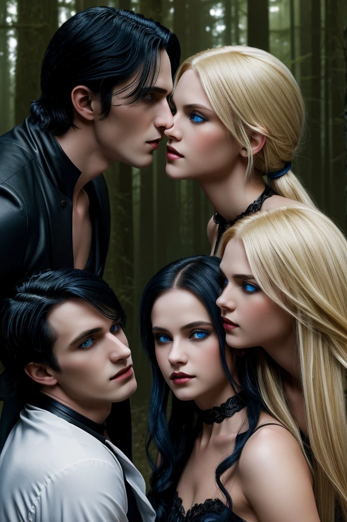 Of the vampire hobrees, twin brothers (black hair, length up to the neck, and blue eyes) in clearing in the night forest, "Kiss of 3" to a vampire girl, their younger sister, (blonde, with blue eyes) "+18"