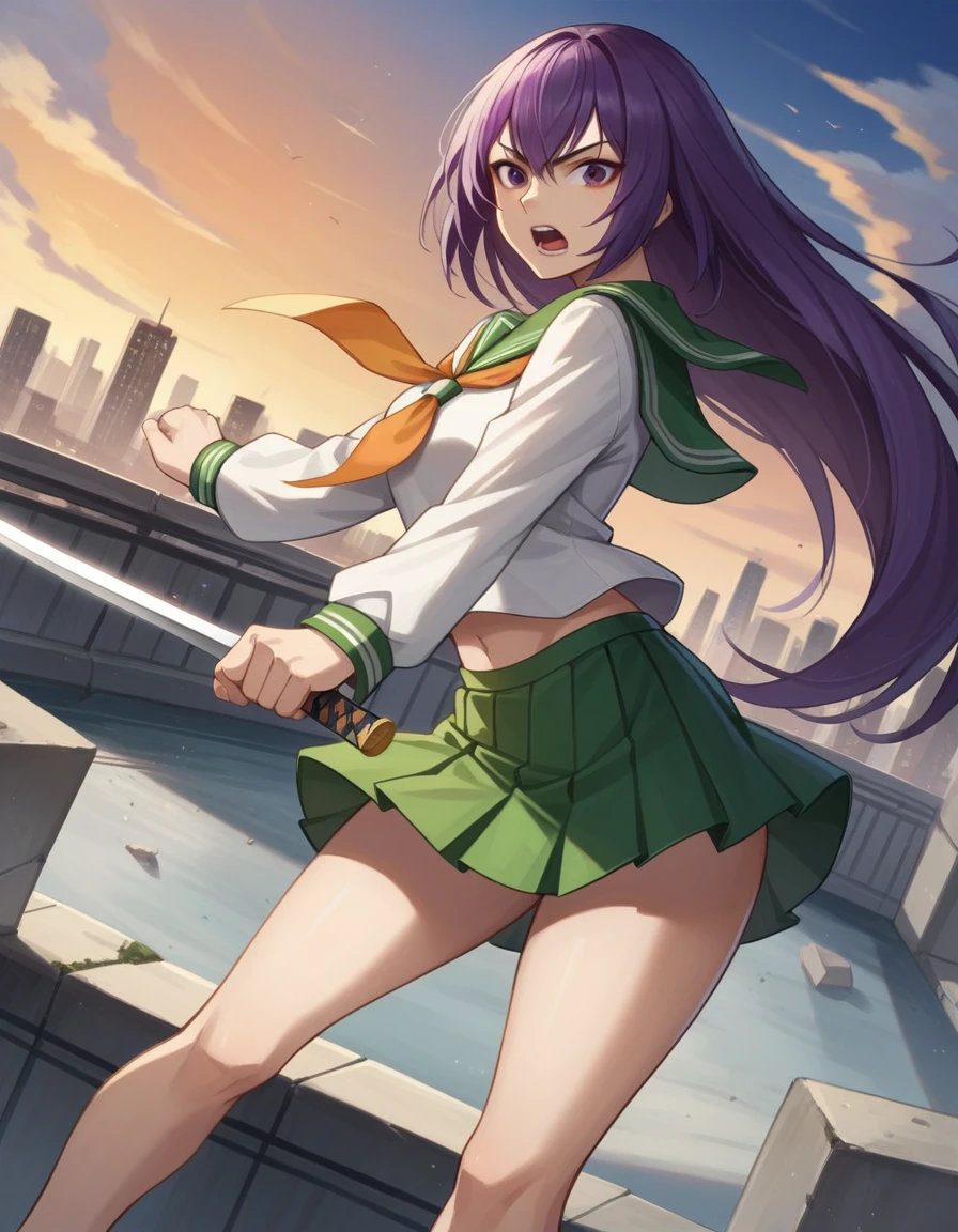 score_9, score_8_up, score_7_up, source_anime,
saekobusujima, saeko busujima, long hair, purple hair, purple eyes, hair between eyes,
skirt, long sleeves, bow, , serafuku, green skirt,
outdoors, cityscape, zombies, orange sky,
looking at viewer, dutch angle, fighting stance, sword, weapon, holding weapon, shouting,