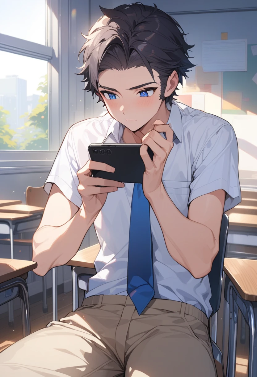 masterpiece, best quality, extremely detailed, ultra detailed, flat anime, 2D, ((1boy)),black hair, (short hair:1.5),blue eyes, height 1.7meters, (circle eyes:1.2), (young adult:1.2), Ear-length sideburns,height 1.7meters, High School Uniforms, white shirt, blue tie, ((short sleeves)), ((long pants)), sitting, closed mouth, thinking, upper body, summer, classroom, 11AM,looking at his smart phone., Operating a smart phone