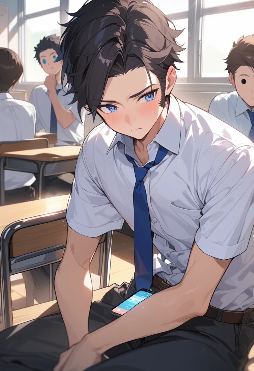 masterpiece, best quality, extremely detailed, ultra detailed, flat anime, 2D, ((1boy)),black hair, (short hair:1.5),blue eyes, height 1.7meters, (circle eyes:1.2), (young adult:1.2), Ear-length sideburns,height 1.7meters, High School Uniforms, white shirt, blue tie, ((short sleeves)), ((long pants)), sitting, closed mouth, thinking, upper body, summer, classroom, 11AM,looking at his smart phone., Operating a smart phone