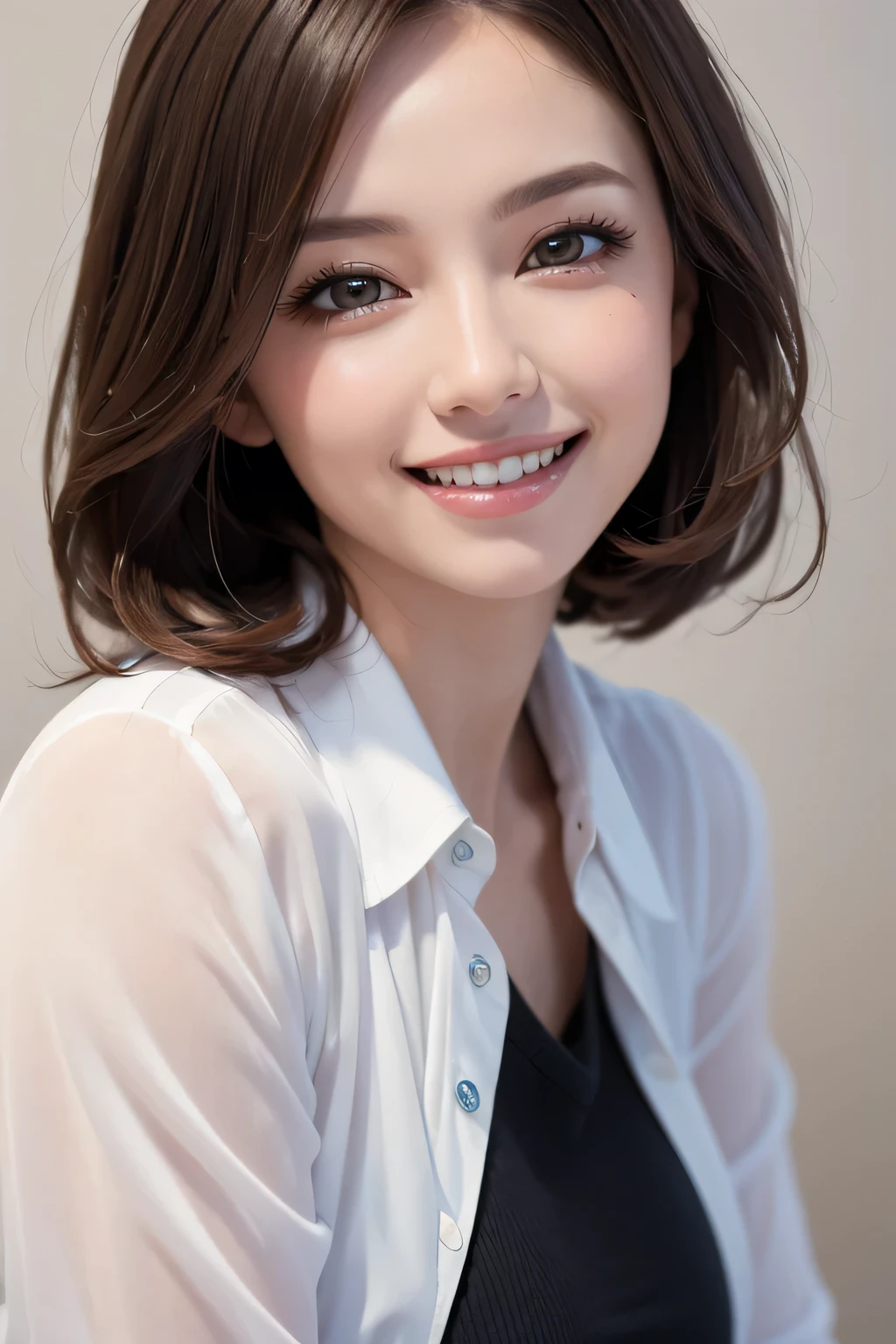 ((masterpiece)), ((Highest quality)), ((Complex)), ((Surreal)), (Realistic), (Mature Woman), ((No classes)), Very detailed, (1 female), Beautiful and exquisite, (Beautiful Teeth), Grin, Brunette bob hair, Brown eyes, ((blouse)), (Upper Body), (background:none), Perfect Eyes, Captivating eyes, Looking at the audience