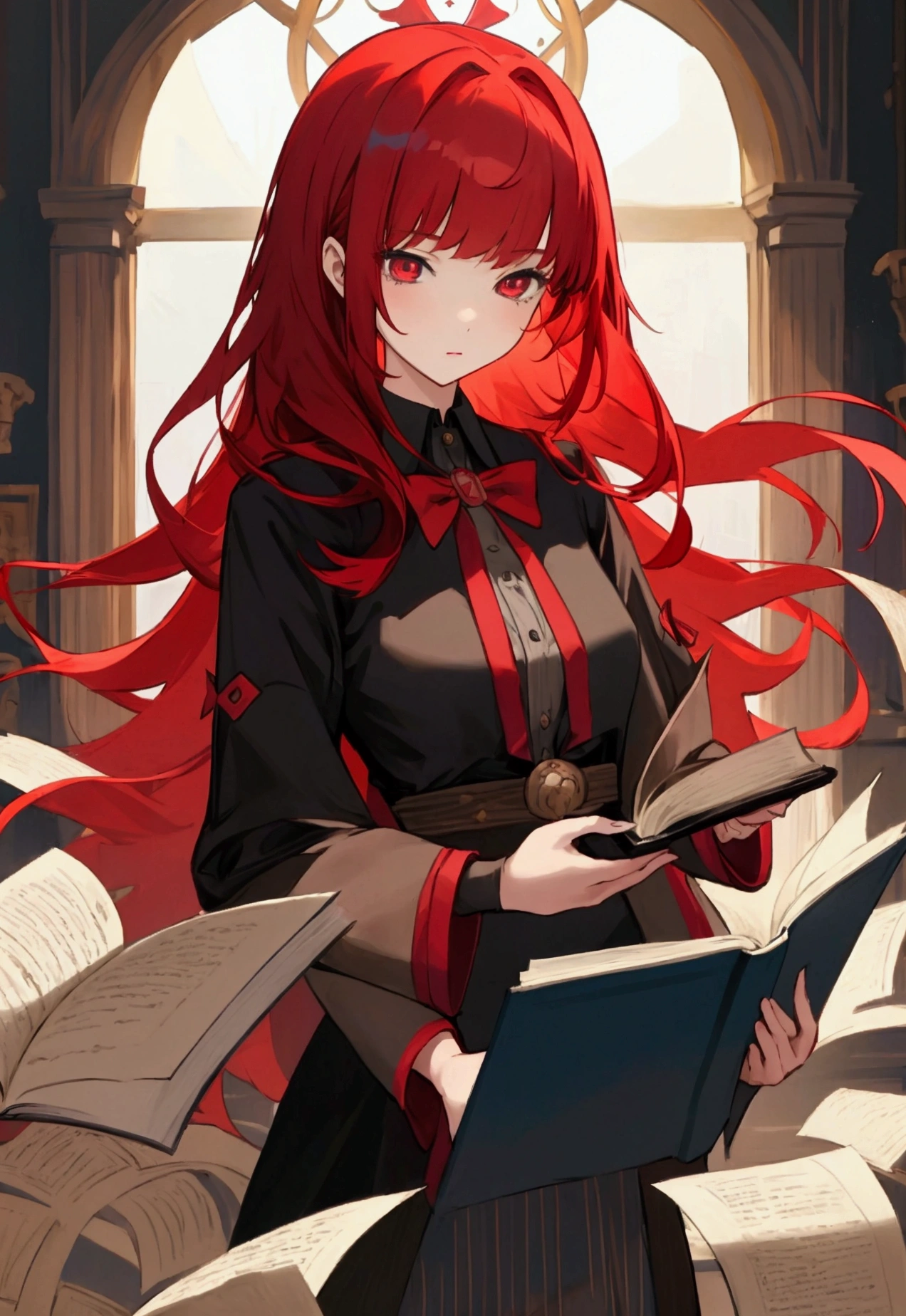 Best quality, masterpiece, , girl with red hair, magician, bangs, reading books, beatiful, sharp eyes, had ribbon, thin glasses