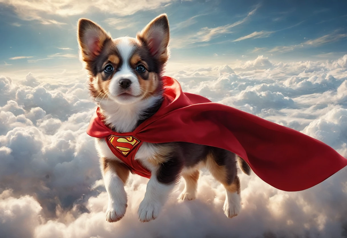 ((Masterpiece, top quality, high resolution, highly detailed CG unified 8K wallpaper)), A puppy flying above the clouds with its red cape fluttering,