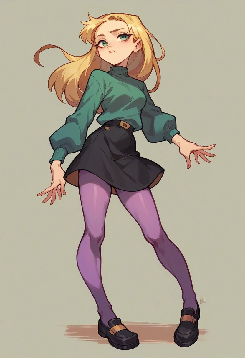 Make a very beautiful blonde woman with green eyes all in black and black leggings and barefoot shitting her pants with a malicious smile and a look of contempt and disdain