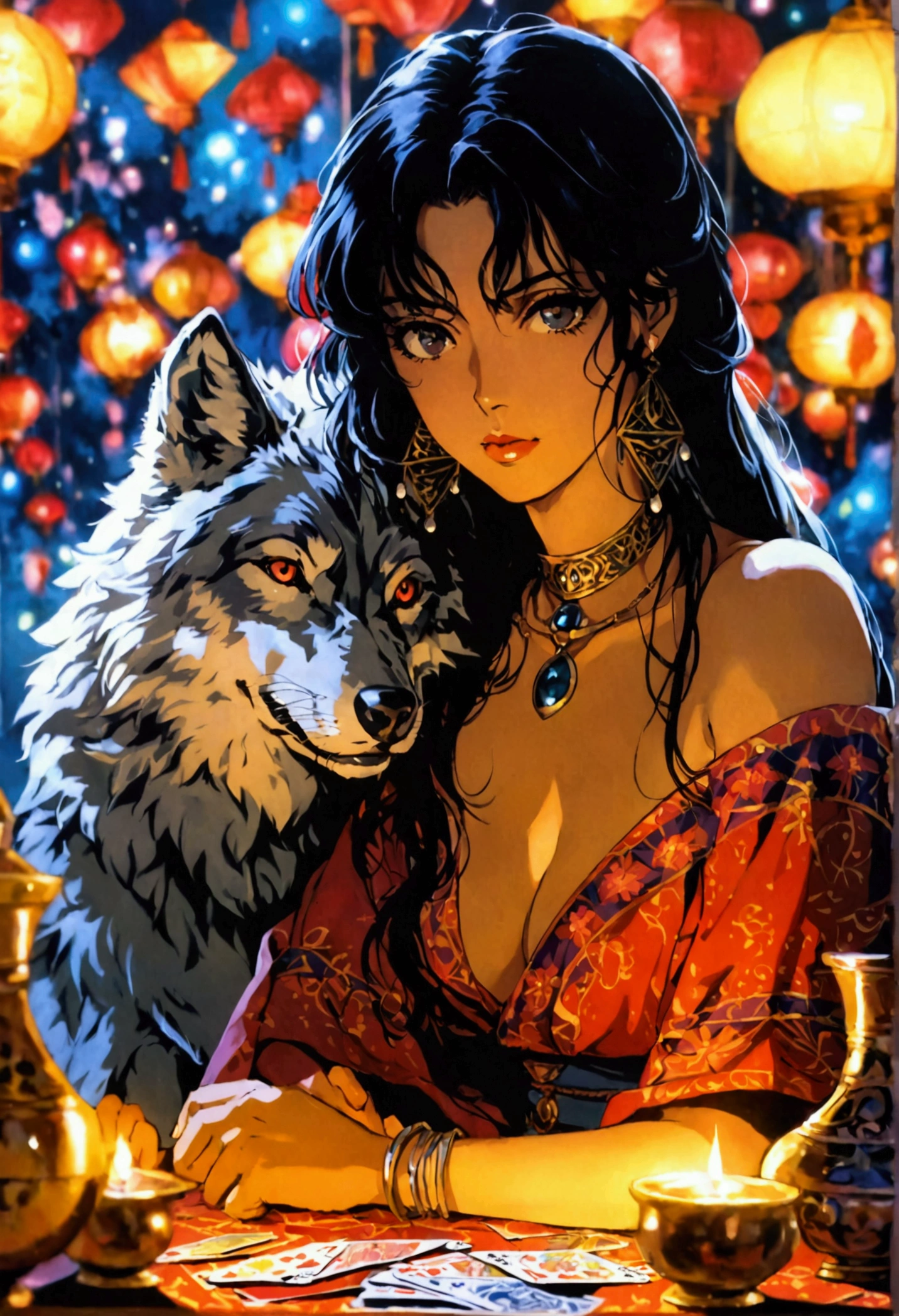 (90s anime style) masterpiece, beautiful gitana woman, fortune teller, sitting on a table with cards on her hands, wolf behind her, night, dark hair, 