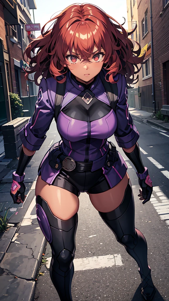 girl, curly hair, dark skin, violet color, perfect waist, thick thighs, fighting gauntlets, street gang clothing, belts, fluorescent light blue colors, fluorescent green, perfect facial details, high definition, night lighting, full body focus.