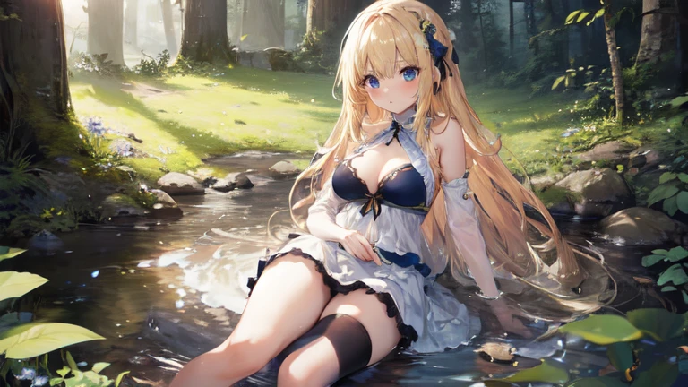 super high quality, Super detailed, Ultra-clear, forest, one person, long blonde hair, sleep, Swimsuit, Clothes with intricate details, mini skirt, Stockings, faint