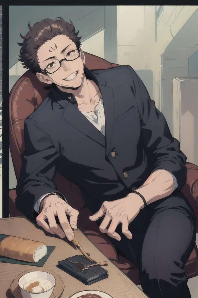 (masterpiece, Highest quality:1.2), Cowboy Shot, alone, Male Focus, One boy, Satoru Gojo, Grin, View your viewers, Sitting, Chair, sunglasses, Round Glasses, , Black jacket, High collar, Black trousers 