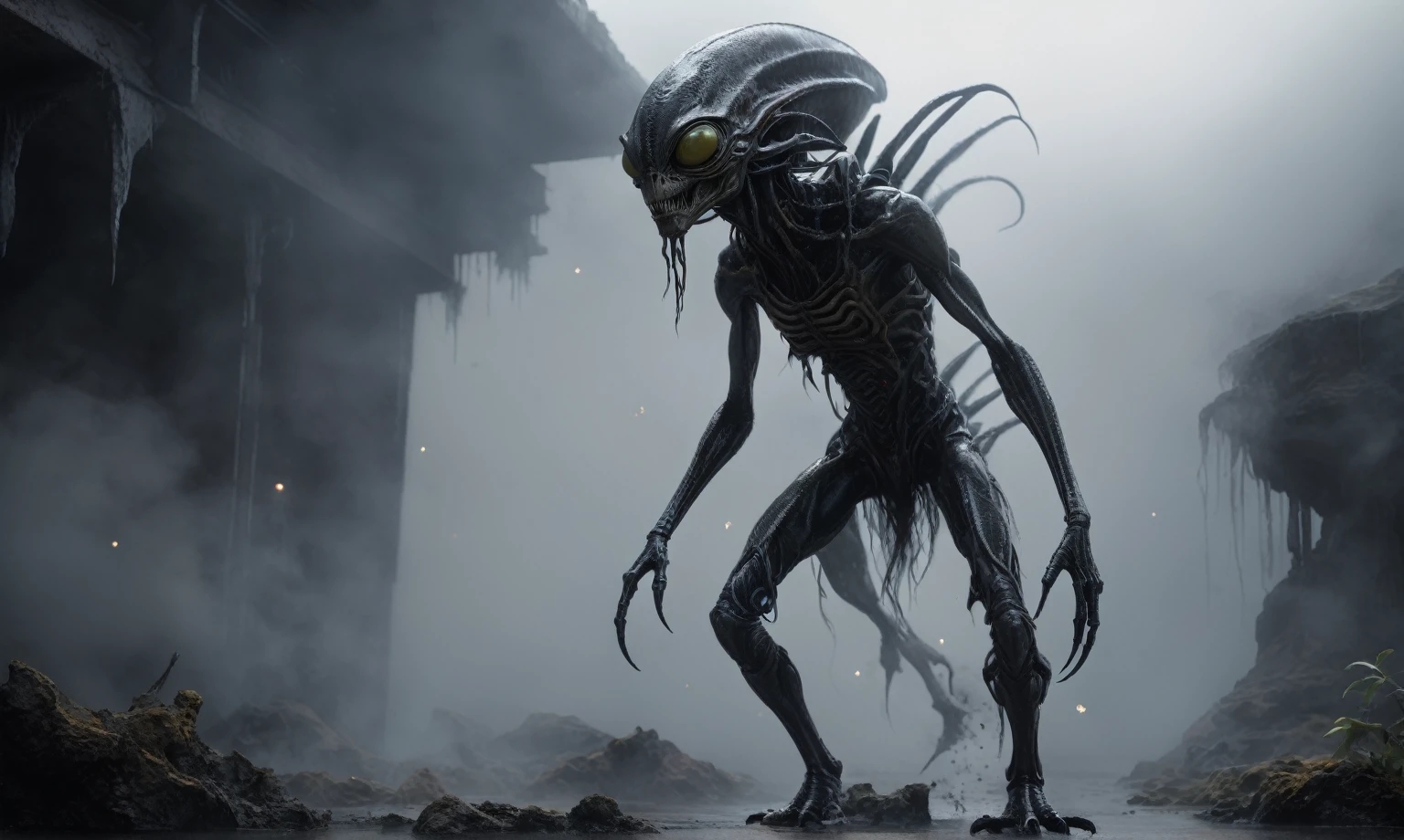 full body length,niobium goblin,native africa xenomorph's s,once pretty face,eyebrow up,full body shot,ominous landscape,niobium gray atmosphere,photo,photorealism,Masterpiece,hyper natural skin textures, hyper realism,hyper detailed,High contrast,Realism,Ultra Detailed,irina yermolova,close full body shot,32K resolution,Nikon Z9, ,demonic, fog, smoke, audience, mist, featuring ultra-realistic and hyper-realistic elements,
  Marta Bevacqua, Ellen Jewett, Kawacy, Katsuya Terada, Carne Griffiths,concert lighting,  bokeh,  luminal space that feels
 both bright and surreal. Includes liquid fluid elements for added depth and movement. Rendered in an unreal 
engine and post-processed to achieve . Evokes a sense of dreamy, ethereal 
and mystical mood,horror pixar movie still,thriller disney movie ,pixar render, animated ,suicide