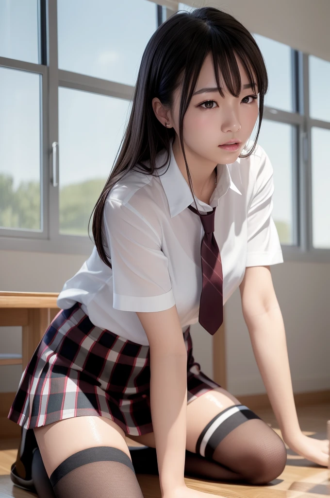 (masterpiece, best quality:1.2), a hyperrealistic , solo, 1girl, yukinoshita yukino, (shiny skin, wet skin:1.2), sweating, slight smile, looking at viewer, on all fours, , white shirt, plaid skirt, thighhighs, afternoon, classroom hyperrealistic