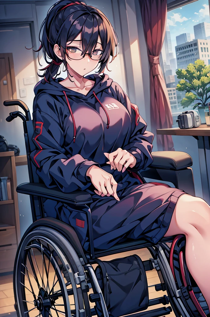 woman, hair over one eye, golden eyes, Tomboy, sweatpants, hoodie, looking at viewer, black short hair with a ponytail, bedroom, round glasses, bags under eyes, tired, solo, wheelchair