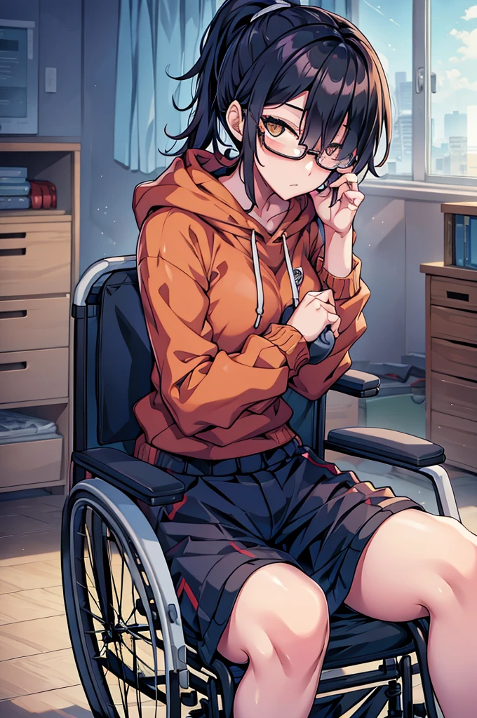 woman, hair over one eye, golden eyes, Tomboy, sweatpants, hoodie, looking at viewer, black short hair with a ponytail, bedroom, round glasses, bags under eyes, tired, solo, wheelchair