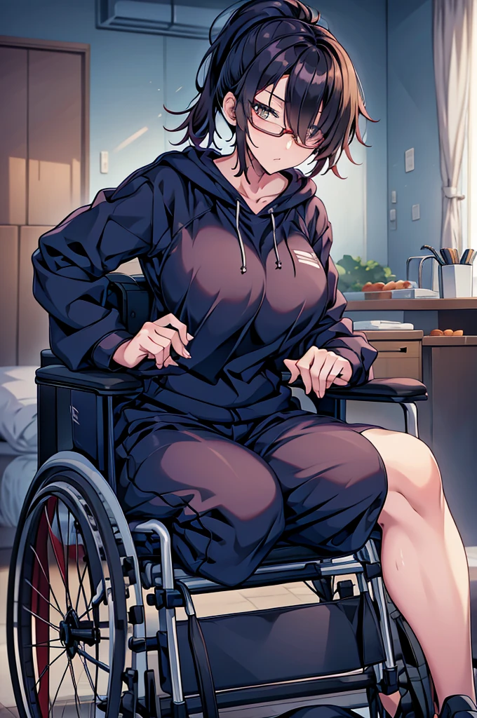 woman, hair over one eye, golden eyes, Tomboy, sweatpants, hoodie, looking at viewer, black short hair with a ponytail, bedroom, round glasses, bags under eyes, tired, solo, wheelchair