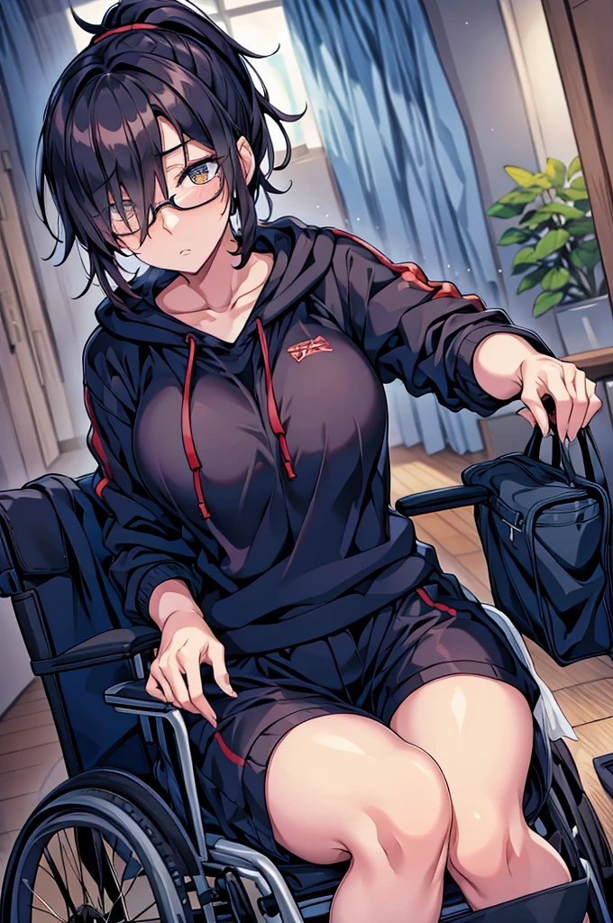 woman, hair over one eye, golden eyes, Tomboy, sweatpants, hoodie, looking at viewer, black short hair with a ponytail, bedroom, round glasses, bags under eyes, tired, solo, wheelchair