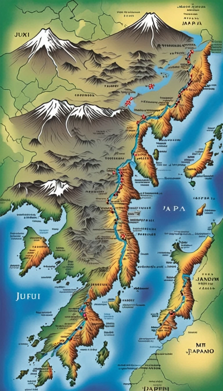 Illustration, map of Japan, Mt. Fuji, seen from above.