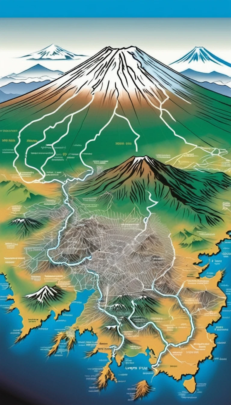Illustration, map of Japan, Mt. Fuji, seen from above.