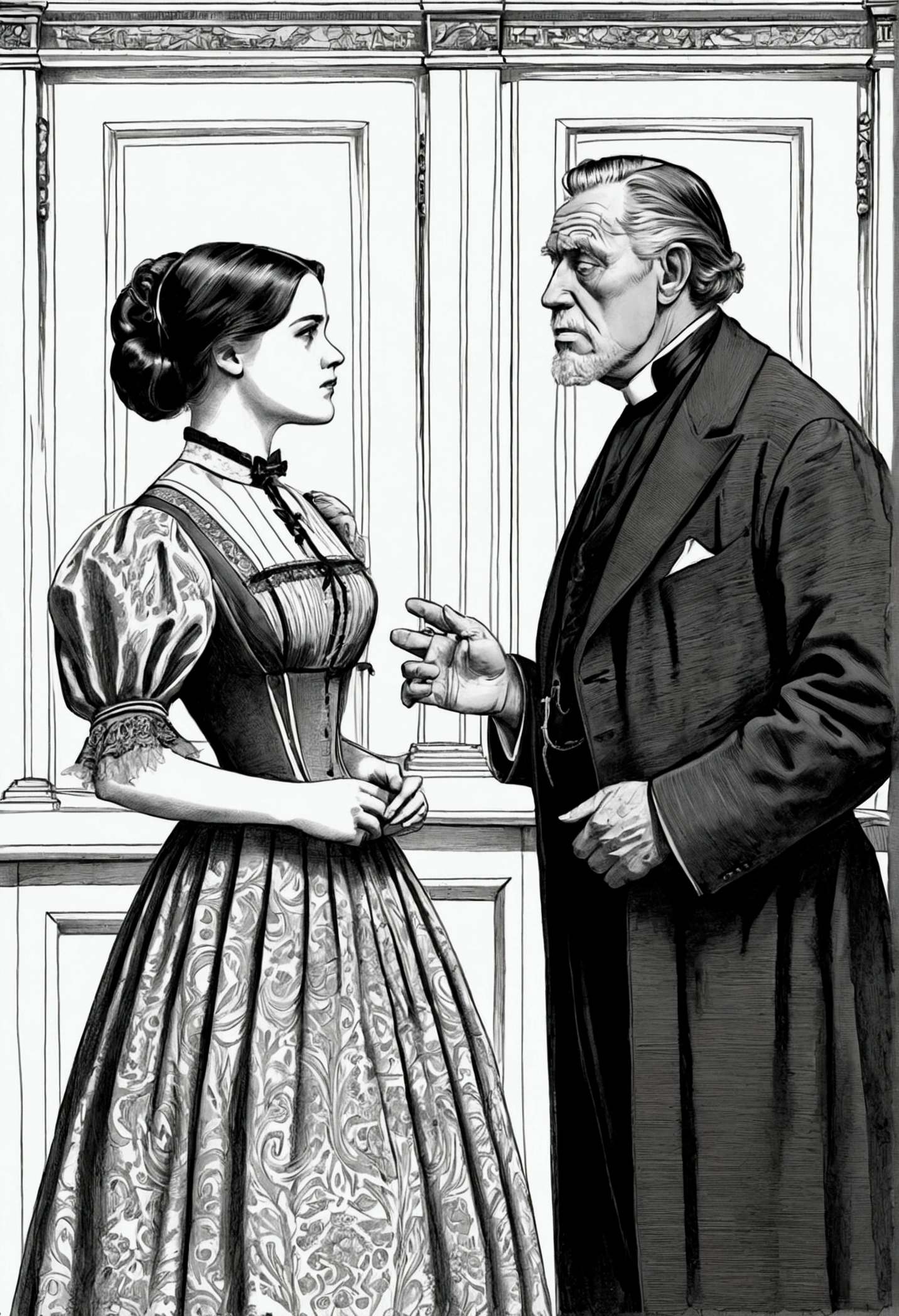 Illustration of a church scene in Victorian style, an elderly pastor and a young voluptuous buxom brunette plump woman wearing a Victorian style dress standing in front of the confessional an talking, drawing in the style of George du Maurier