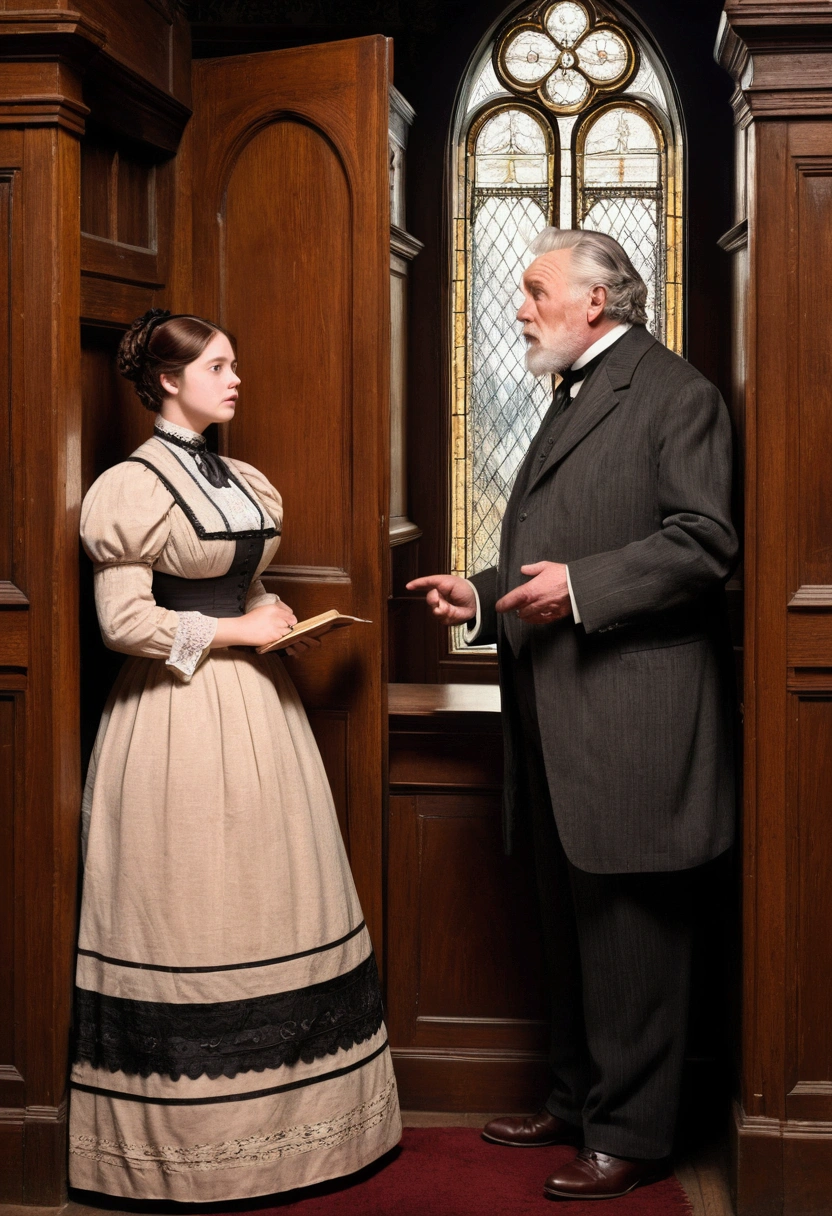 Illustration of a church scene in Victorian style, an elderly pastor and a young voluptuous buxom brunette plump woman wearing a Victorian style dress standing in front of the confessional an talking, drawing in the style of George du Maurier