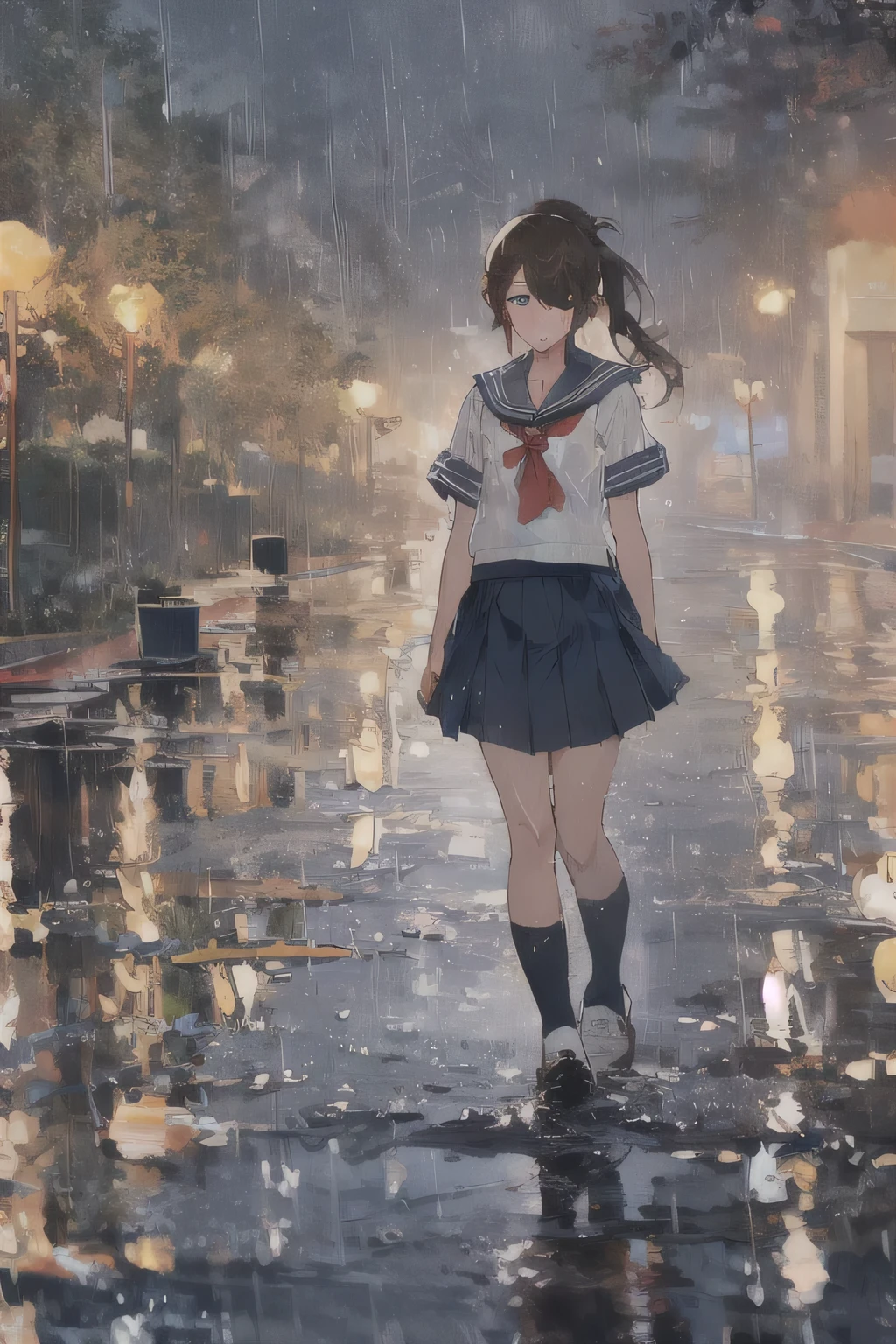 (Browsing Caution:-2), 1 female,  evening, It rains:1.21, raindrop, Riverside road, puddle, walk, Low Ponytail, Brown Hair, bangs, Long eyelashes, Beautiful Eyes, Summer uniform:1.21, ((School Sailor Uniform, sailor uniform, serafuku:1.37)), ((Navy Mini Skirt:1.21)), Red ribbon, Flat Chest, socks, loafers, Underwear visible from under the skirt, (stroke, Impressionism, Painting, Rich landscape), confusion, Clothes that fit the body, Breast contour, ((Wet clothes)), See-through clothing, Cinema Lighting,