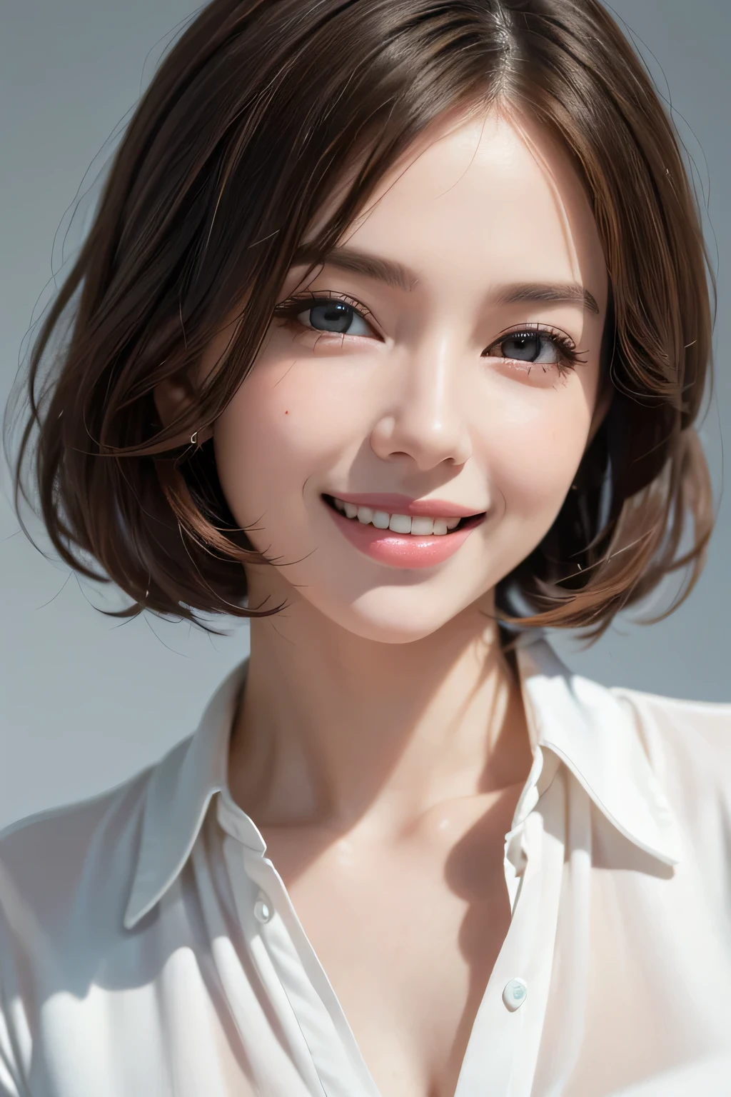 ((masterpiece)), ((Highest quality)), ((Complex)), ((Surreal)), (Realistic), (Mature Woman), ((No classes)), Very detailed, (1 female), Beautiful and exquisite, (Beautiful Teeth), Grin, Brunette bob hair, Brown eyes, ((blouse)), (Upper Body), (background:none), Perfect Eyes, Captivating eyes, Looking at the audience