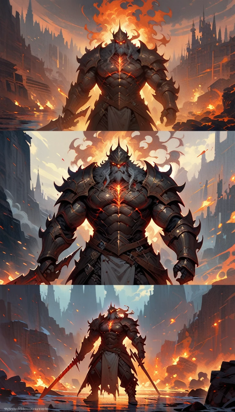 ((best quality)) , ((masterpiece)) , (detailed)，weapon, armor, holding, long hair, facial hair, glowing eyes, 1boy, male focus, holding weapon, glowing, sword, outdoors, helmet, braid, teeth, fire, shoulder armor, pants, grey hair, beard, bangs, holding sword, muscular male, white hair,(((concept art ，Shameful . digital artwork, illustrative, painterly, matte painting, highly detailed)))