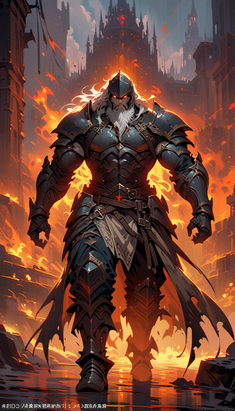 ((best quality)) , ((masterpiece)) , (detailed),weapon, armor, holding, long hair, facial hair, glowing eyes, 1boy, male focus, holding weapon, glowing, sword, outdoors, helmet, braid, teeth, fire, shoulder armor, pants, grey hair, beard, bangs, holding sword, muscular male, white hair,(((concept art ,Shameful . digital artwork, illustrative, painterly, matte painting, highly detailed)))
