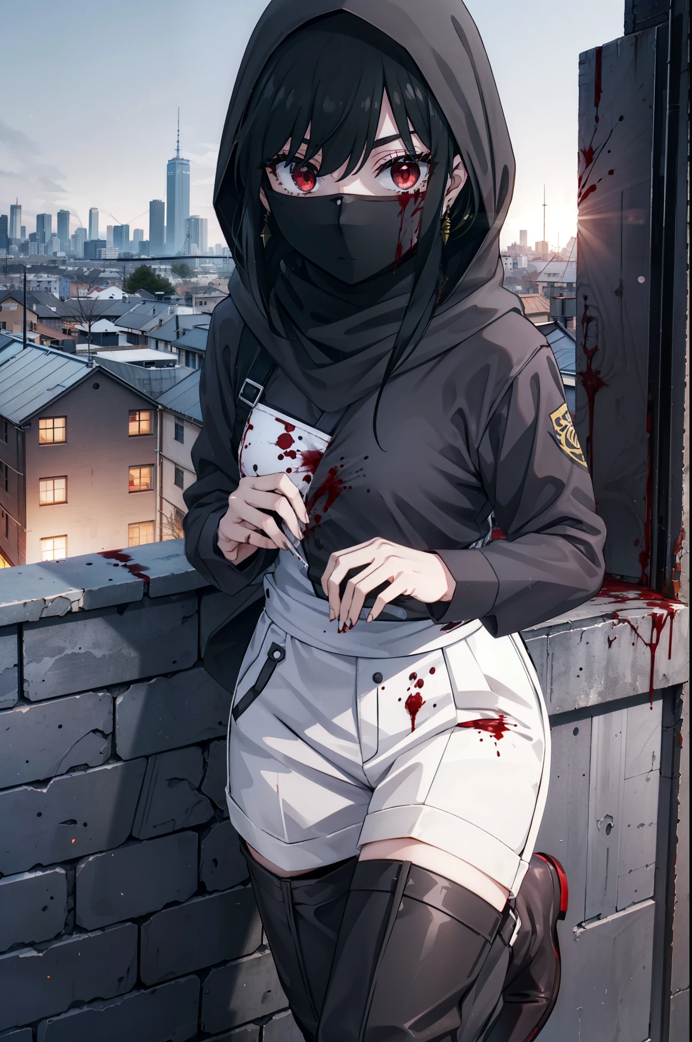 Yorbraia, Yor Briar, Black Hair, (Red eyes:1.5), Earrings, gold hair band, hair band, Long Hair, Side Lock, (Medium chest:1.2), Shadowed face,Hooded,Cover your mouth with a black scarf,strict,black Ninja uniform,Ninja,black Ninja pants,short boots,Action pose,Overlooking the city from the roof of the building,moon,moon明かり,night,moon光,whole bodyがイラストに入るように,Psychopath horror、Bloody、blood droplets,murder scene, Serial killer, Covered in blood break looking at viewer, whole body, break outdoors ,Medieval European-style building, break (masterpiece:1.2), Highest quality, High resolution, unity 8k wallpaper, (shape:0.8), (Beautiful and beautiful eyes:1.6), Highly detailed face, Perfect lighting, Extremely detailed CG, (Perfect hands, Perfect Anatomy),