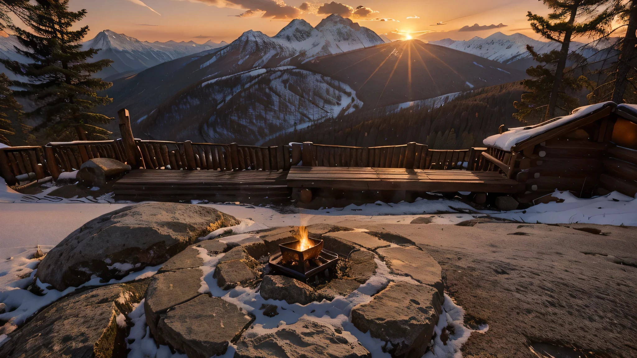 Enjoy a coffee in a mountain hut and watch a spectacular sunrise. The warm shades of the sun kiss the sky, Paint in shades of orange, pink, Surrounding mountains々Light is overflowing、Glowing in gold. image, Probably a photo, It perfectly captures the serenity and beauty of the moment.. The cozy cabin radiates a welcoming light, The smoke rising from the chimneys adds to the charm.. この高品質のimageは、It takes the viewer on a serene and peaceful getaway in nature.。, Soft in every detail, Fantastic light at dawn.