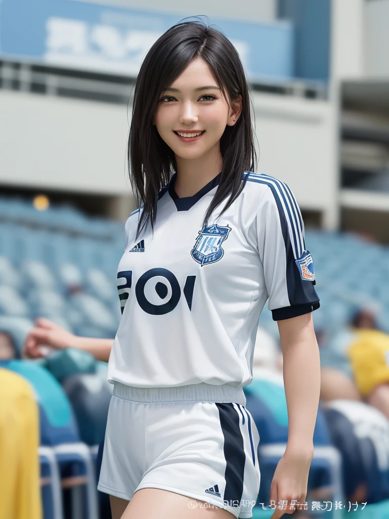 (Highest quality、8k、32K、masterpiece)、(Realistic)、(Realistic:1.2)、(High resolution)、Very detailed、Very beautiful face and eyes、(((Women's solo shots)))、Frame In、Tight waist、(Highest quality、Attention to detail、Rich skin detail)、(Highest quality、8k、Oil paints:1.2)、(Realistic、Realistic:1.37)、Bright colors、(((Cowboy Shot)))、(((Bob Hair)))、(((A happy look)))、(((Black Hair)))、(((Soccer uniforms)))、(((ブルーのSoccer uniforms)))、(((Football Stadium)))、(((Enthusiastic audience)))、(((Uniform without lines)))、(((Short sleeve uniform、There are no lines on the sleeves)))、