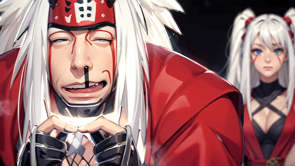 (((Perfect body,White and tender skin,(((Wearing a red coat with brown clothes inside, wooden clogs on feet, ninja protective gear on both hands, and a large scroll hanging behind them))),(((Jiraiya,Wearing forehead protectors, long white hair, and red marks under the eyes,))),((masterpiece)),high resolution, ((Best quality at best)),masterpiece,quality,Best quality,((( Exquisite facial features,Looking at the audience,There is light in the eyes,Poker face))),))),(((Light and shadow,))),(((Looking at the camera,black background,))))