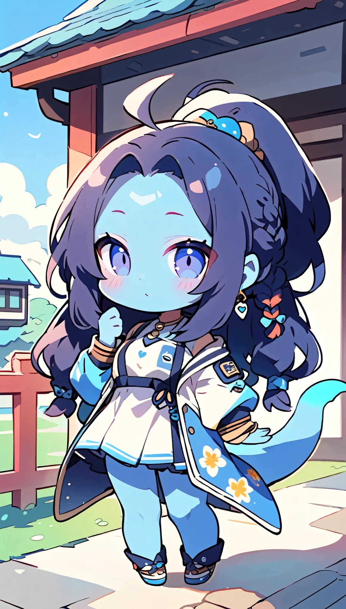 (alien woman,Blue Skin,Dreadlocks,Cute tail,Hometown clothing),(chibi),(Chibi Character)