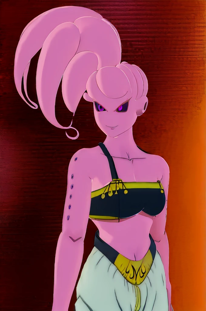 (high-quality, breathtaking),(expressive eyes, perfect face, cute face) Symmetrical Eyes, dragon ball z super, voluptuous, busty, large breasts, shortstack, 1girl, female, alien, Majin Race, FMajin, Female Majin Buu, (pink skin:1.1), bubblegum pink skin color, red colored skin, smiling,(black sclera:1.2), red eyes, tentacle hair, baggypants, belt, crop top, green gauntlets, alien, M, shoulder holes, standing, no nose, grey background, long length hair tentacles, wavy hair tentacles, hair between eyes
