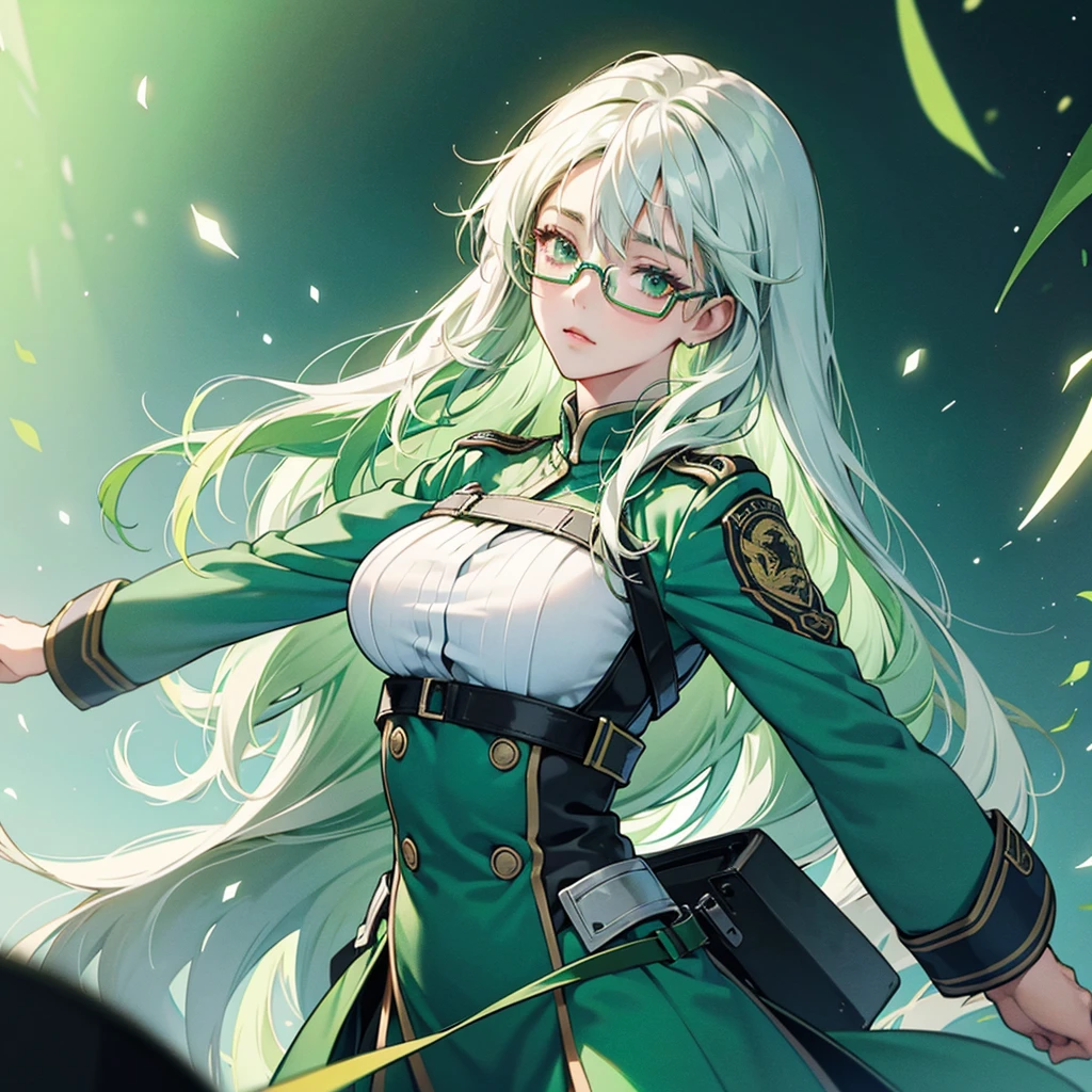 high resolution, best quality, Gradient hair, green hair, white hair, big breasts, Green eyes looked up., Frameless glasses, digital art, long hair, Solo, 1 woman, blue military uniform