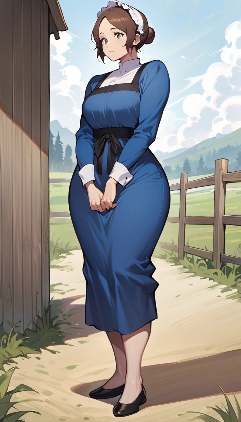 adult amish woman, 40 years old, pale skin, long sleeved blue dress, small black apron over her  blue dress, full body shown, very short brown hair in a conservative sleek bun, white bonnet kapp, wide hips, thick thighs, wearing simple black flats, thick legs, slightly below the knee dress, slight face wrinkles, tight sleeves, standing upright in a farm field, no makeup, round face, hands on lap, side view,